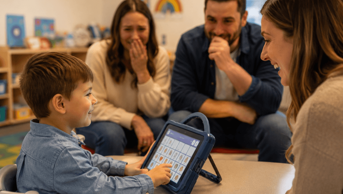 Young boy uses a tablet at a table as three parents watch and smile in a colorful classroom setting.