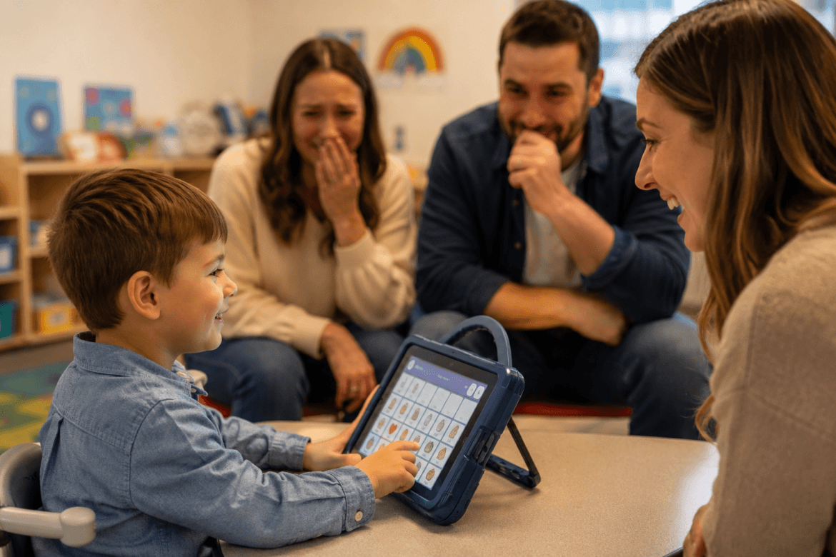Young boy uses a tablet at a table as three parents watch and smile in a colorful classroom setting.