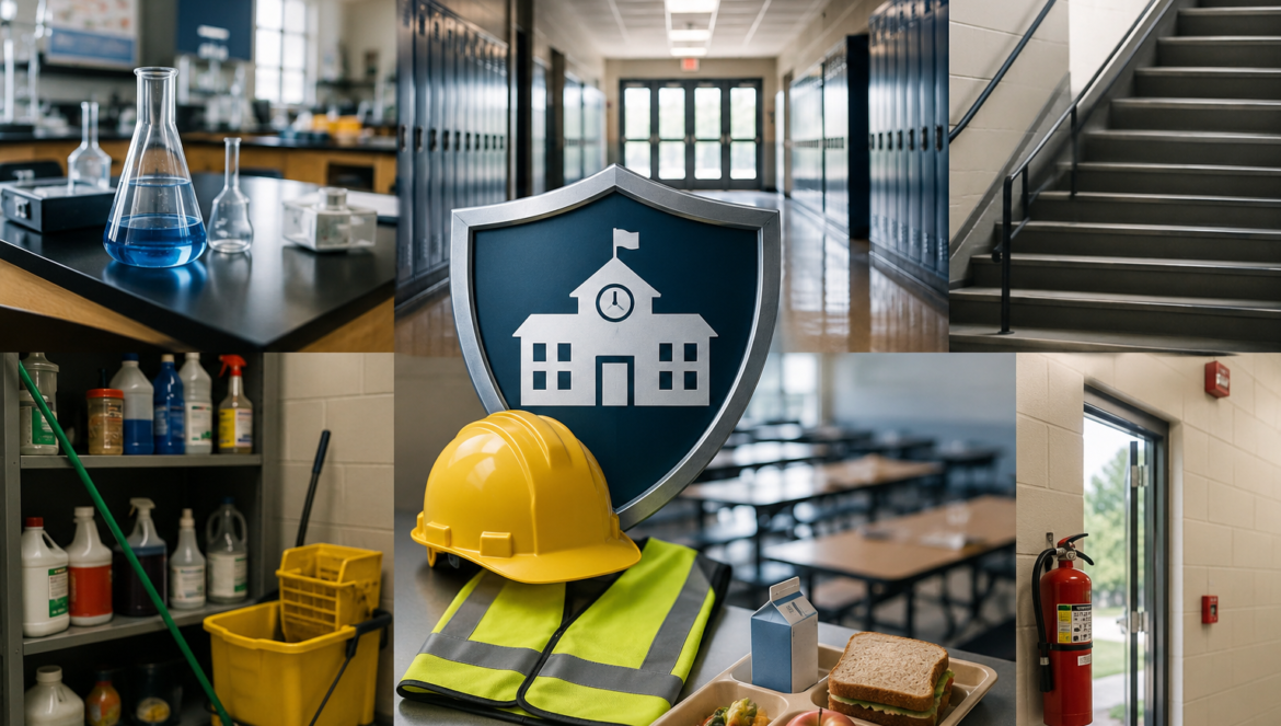 Collage showing a school hallway stairwell science lab cleaning supplies cafeteria safety gear fire extinguisher and a lunch tray with a sandwichall highlighting osha compliance in schools
