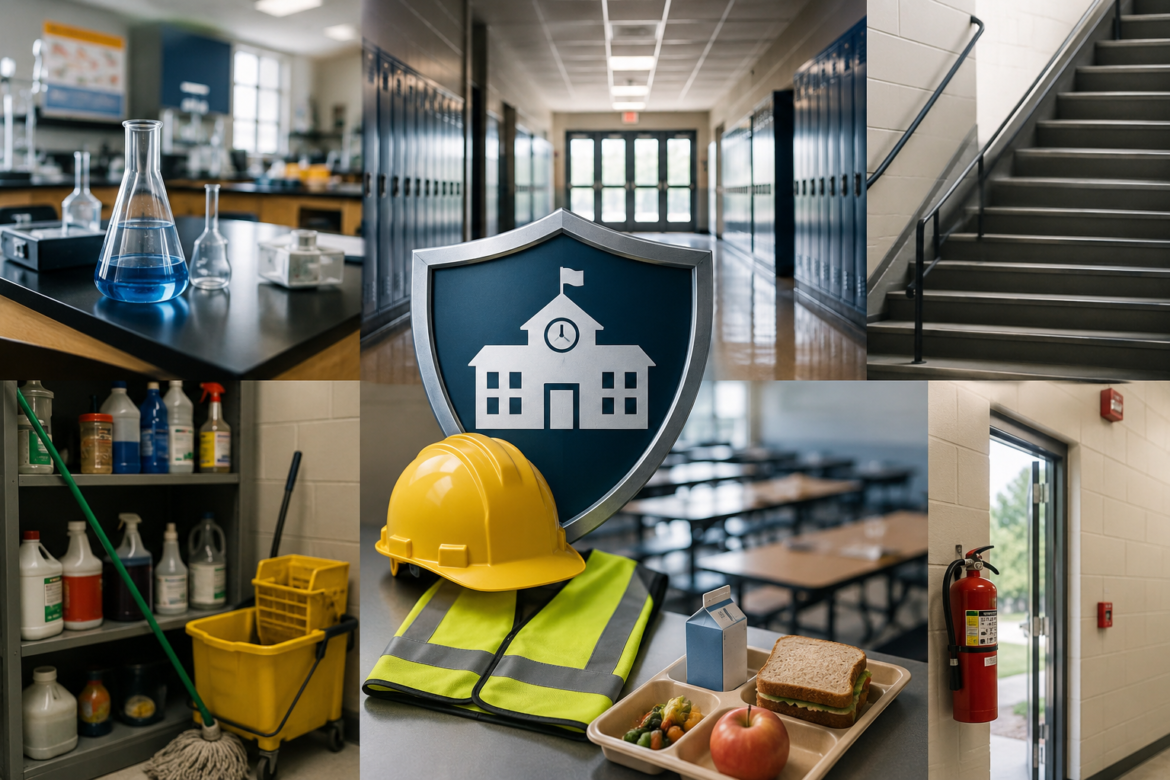 Collage showing a school hallway, stairwell, science lab, cleaning supplies, cafeteria, safety gear, fire extinguisher, and a lunch tray with a sandwich—all highlighting OSHA compliance in schools.