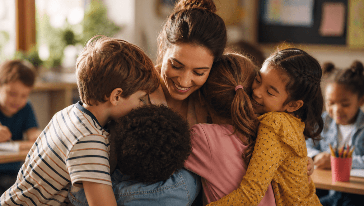 A teacher sits in a classroom as four young students hug her, surrounded by other children and colorful classroom decorations, capturing the warmth of Teacher Appreciation Week.