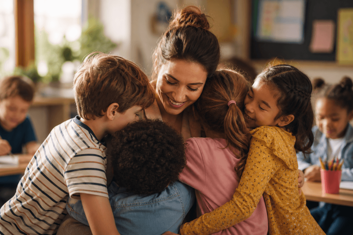 A teacher sits in a classroom as four young students hug her, surrounded by other children and colorful classroom decorations, capturing the warmth of Teacher Appreciation Week.