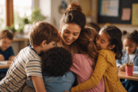 A teacher sits in a classroom as four young students hug her surrounded by other children and colorful classroom decorations capturing the warmth of Teacher Appreciation Week