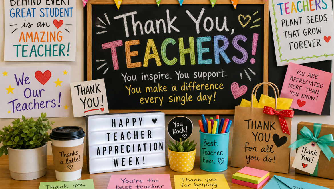 A colorful classroom display for Teacher Appreciation Week features a chalkboard reading Thank You, Teachers! surrounded by appreciation notes, gifts, a coffee cup, flowers, and festive banners.