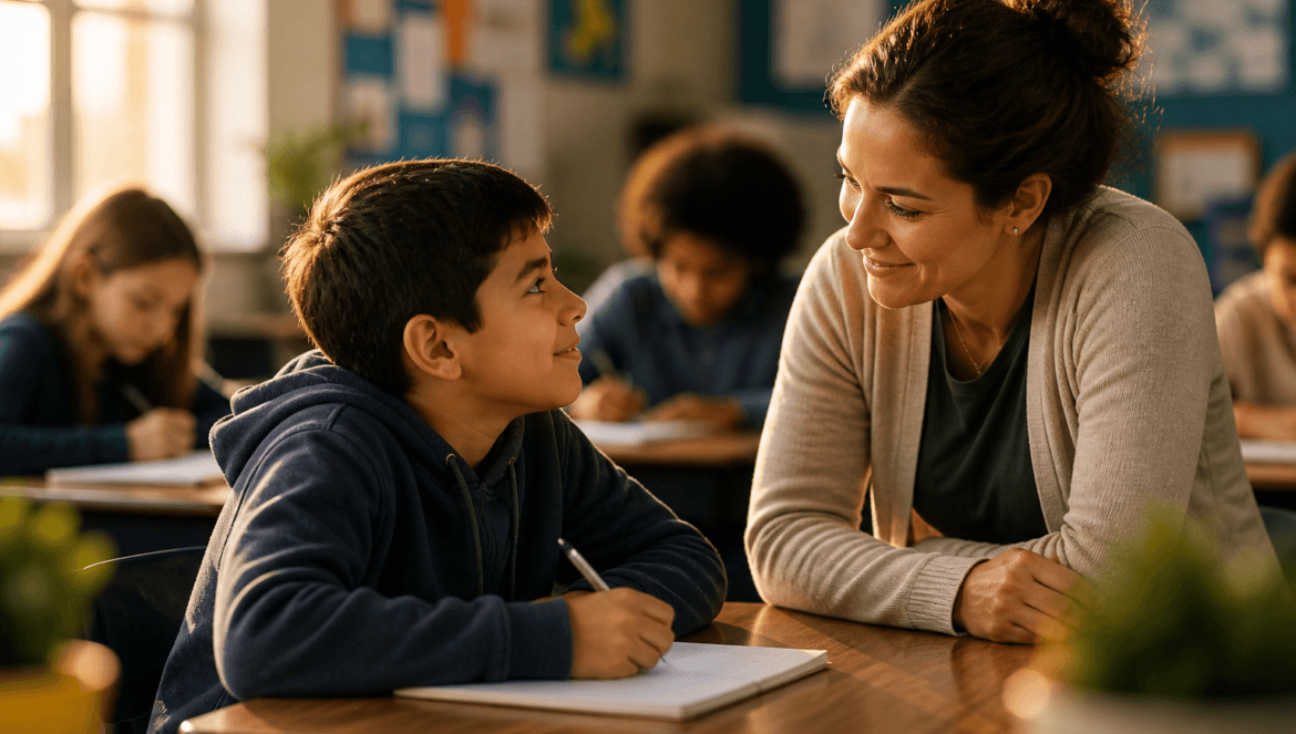 A teacher kneels by a student's desk, smiling and talking as the student writes in a notebook. Other students and their teacher work at desks in the background.