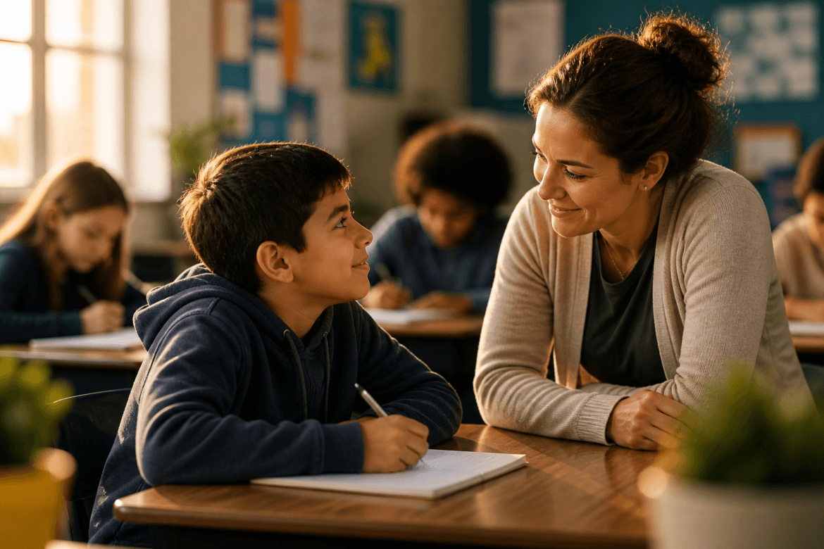 A teacher kneels by a student's desk, smiling and talking as the student writes in a notebook. Other students and their teacher work at desks in the background.