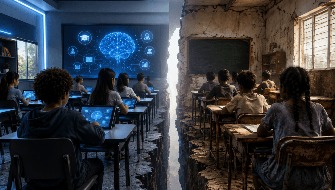 A classroom divided in half shows students with ai access and advanced technology on one side while the other side struggles with worn desks and no tech separated by a deep chasm
