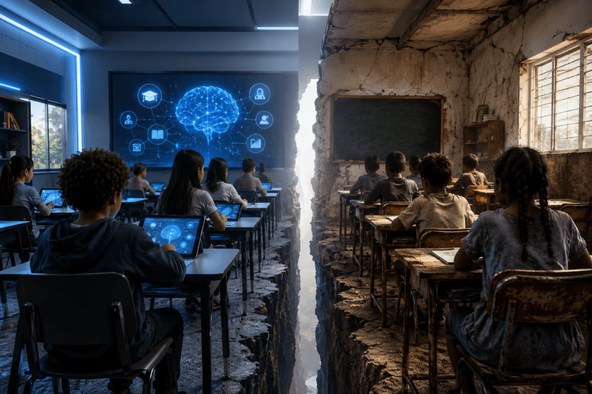 A classroom divided in half shows students with AI access and advanced technology on one side, while the other side struggles with worn desks and no tech, separated by a deep chasm.