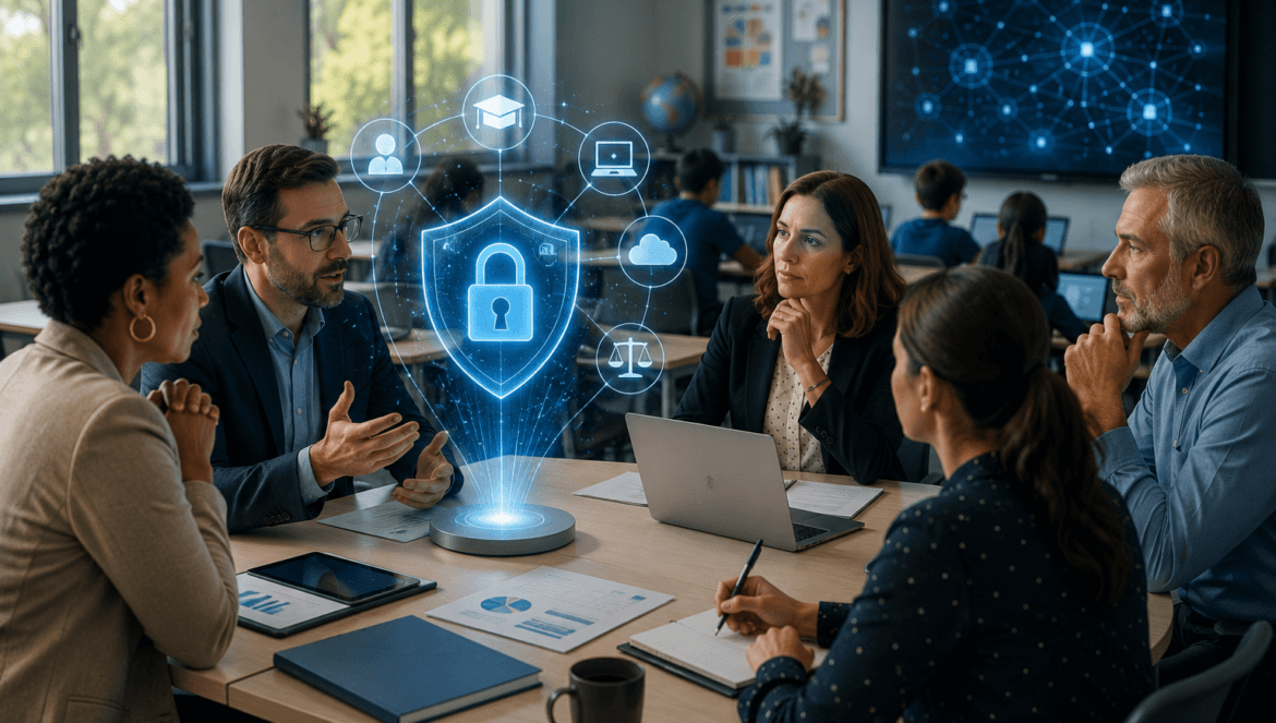 Five people in business attire sit around a table discussing cybersecurity and ai guardrails with a digital shield and lock icon graphic displayed in the center | edcircuit Five people in business attire sit around a table discussing cybersecurity and ai guardrails with a digital shield and lock icon graphic displayed in the center