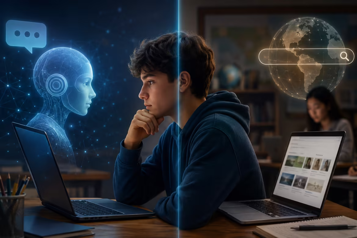A student sits at a desk, split between a blue holographic AI figure on the left and a real laptop on the right, symbolizing AI vs human learning.