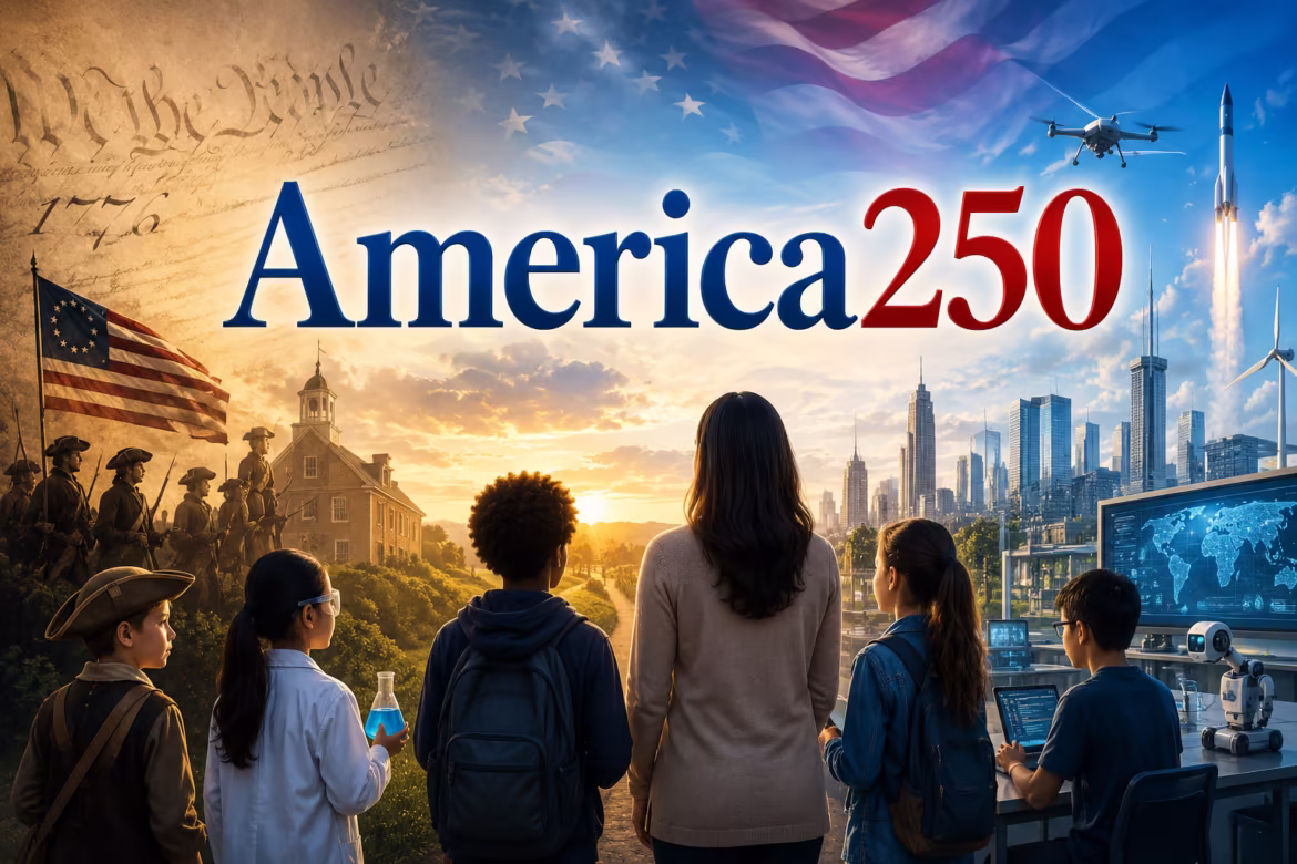 A diverse group of students and a woman stand together, facing a sunrise cityscape with a large 'America 250' banner overhead and a flag nearby.