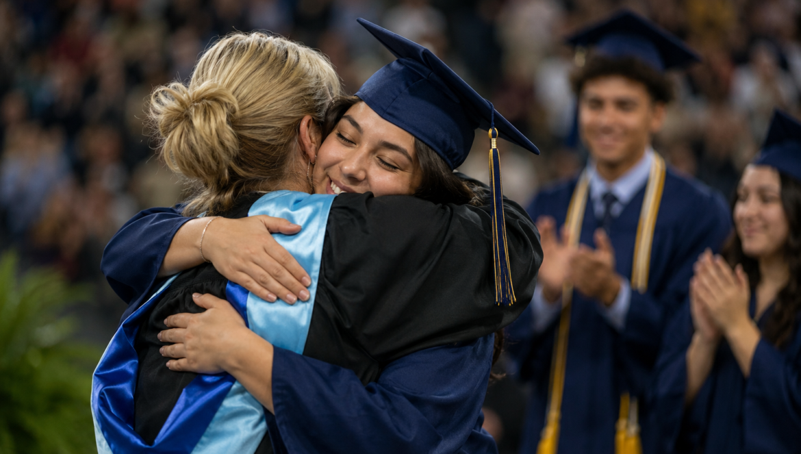Graduate in a blue cap and gown hugs a smiling person at a graduation ceremony as classmates applaud in the background of a crowded arena