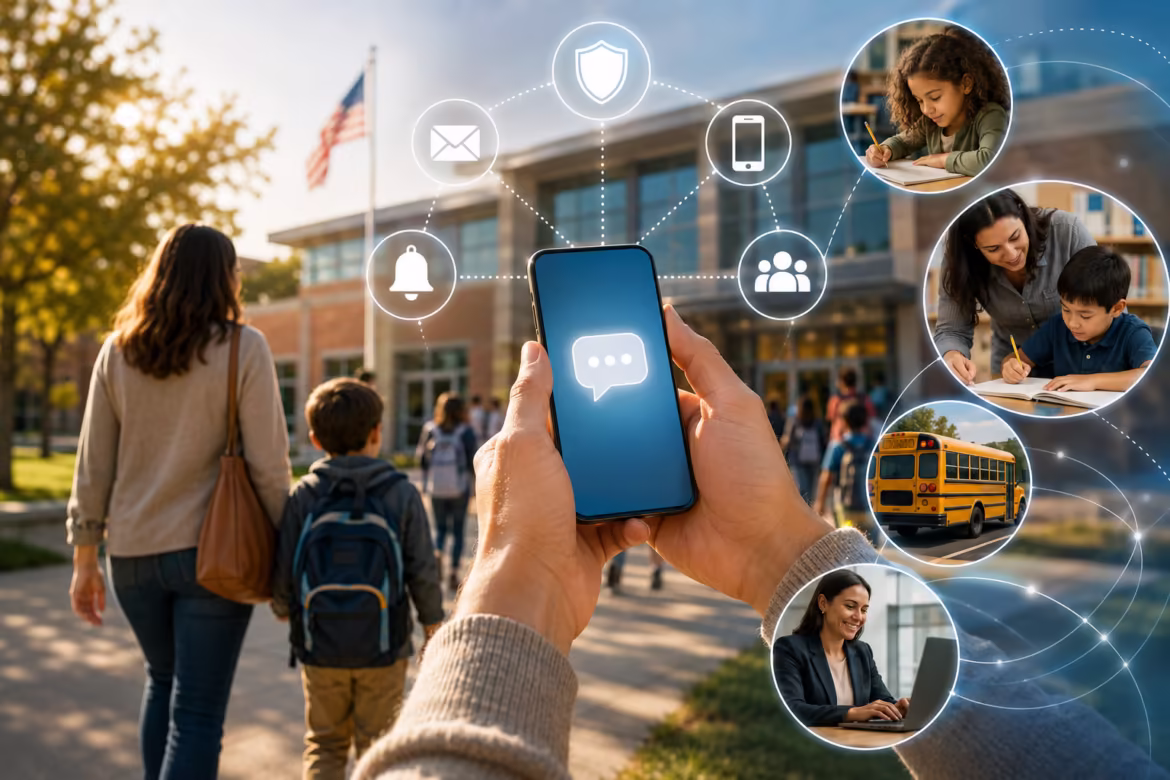 Hands hold a smartphone with a chat bubble; connected circular icons and school scenes (teacher, student, bus) around it.