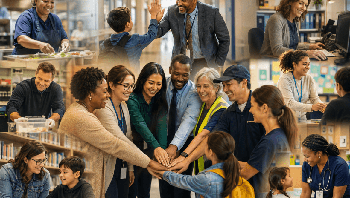 Collage of diverse school staff and students interacting in classrooms, cafeteria, office, and hallway, highlighting teamwork, teaching, and a supportive school community.