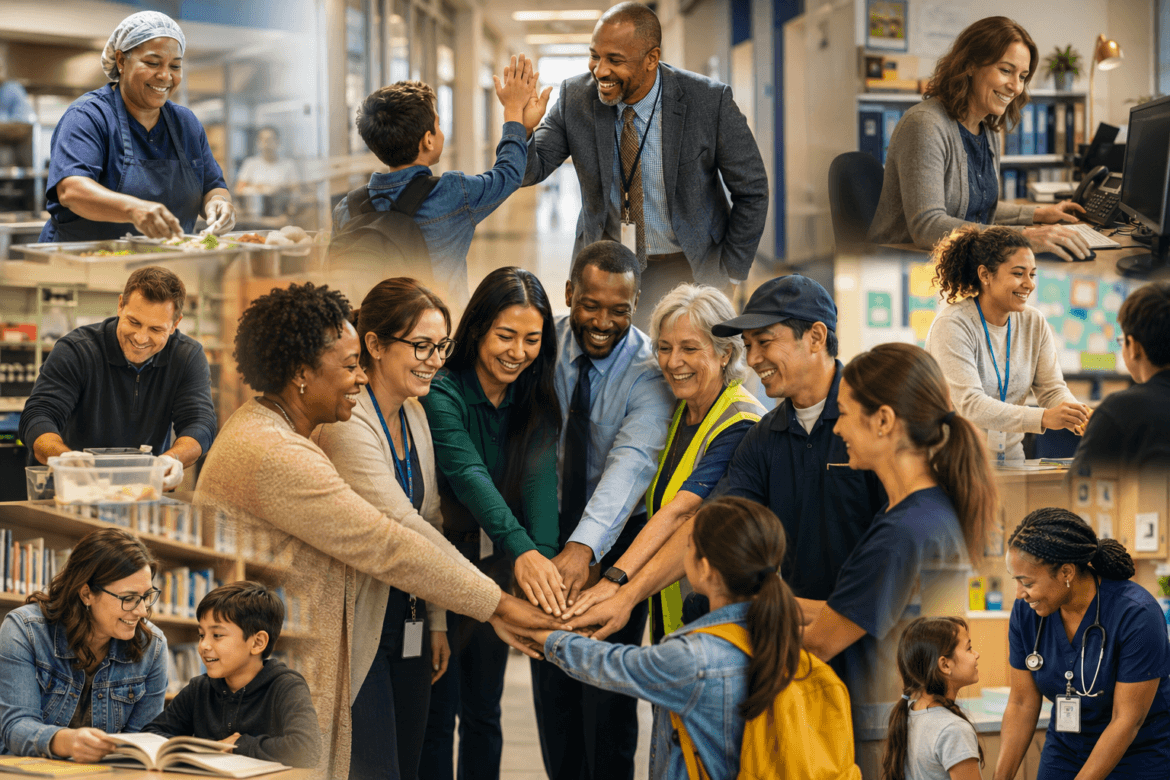 Collage of diverse school staff and students interacting in classrooms, cafeteria, office, and hallway, highlighting teamwork, teaching, and a supportive school community.