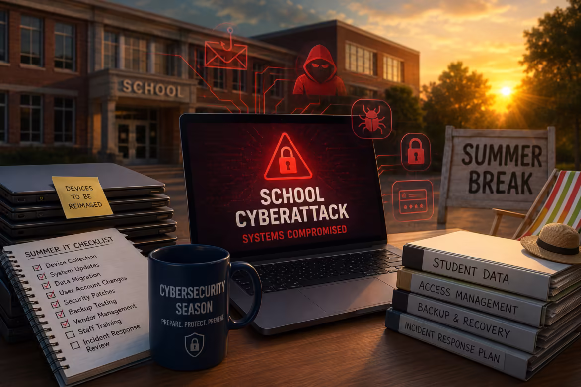 Laptop displaying 'School Cyberattack—Systems Compromised' with red warning icon amid a schoolyard setup, signaling a cyber threat to schools during break time.