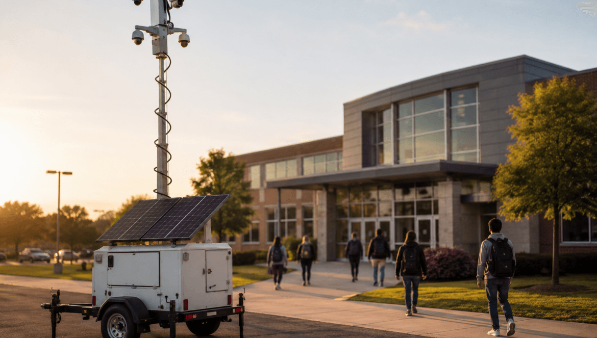 A school safety camera mobile surveillance unit with solar panels is positioned outside a modern school building as students walk toward the entrance in the morning | edcircuit A school safety camera mobile surveillance unit with solar panels is positioned outside a modern school building as students walk toward the entrance in the morning