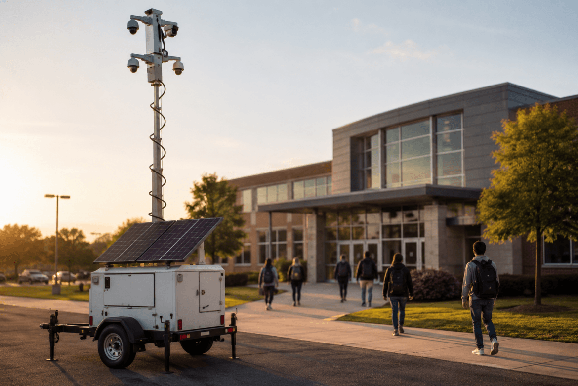 A School Safety Camera mobile surveillance unit with solar panels is positioned outside a modern school building as students walk toward the entrance in the morning.