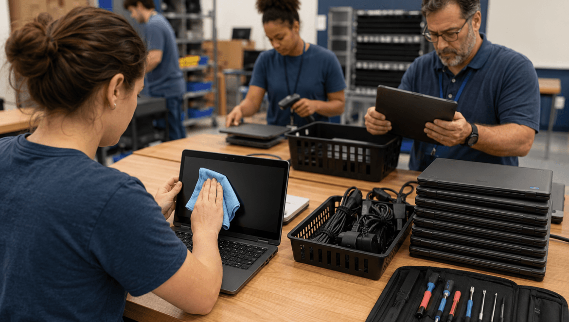 Four people in blue shirts refurbish laptops on a wooden table during student device return cleaning screens and checking devices with tools and electronic accessories organized nearby