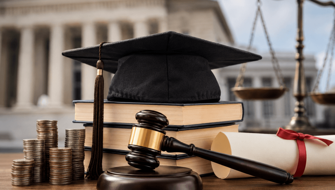 A judge's gavel, graduation cap, stacked books, diploma, and coins are arranged on a table—symbolizing student loan caps—with a courthouse and scales of justice in the background.