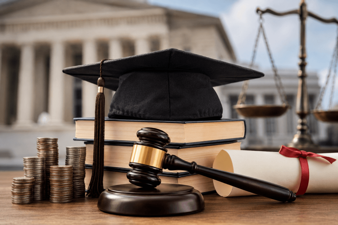A judge's gavel, graduation cap, stacked books, diploma, and coins are arranged on a table—symbolizing student loan caps—with a courthouse and scales of justice in the background.