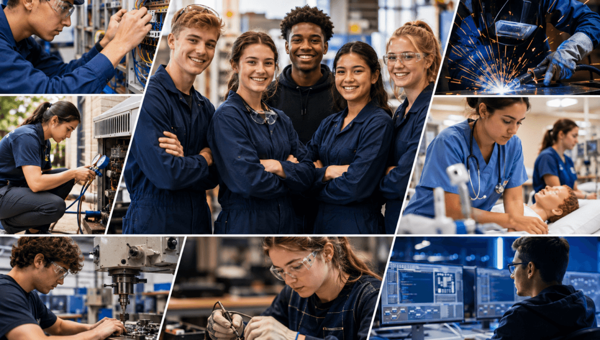 Collage of students in blue coveralls engaged in career and technical education stem activities including engineering programming welding electronics and medical training in a modern lab environment
