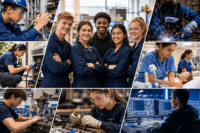 Collage of students in blue coveralls engaged in Career and Technical Education STEM activities including engineering programming welding electronics and medical training in a modern lab environment