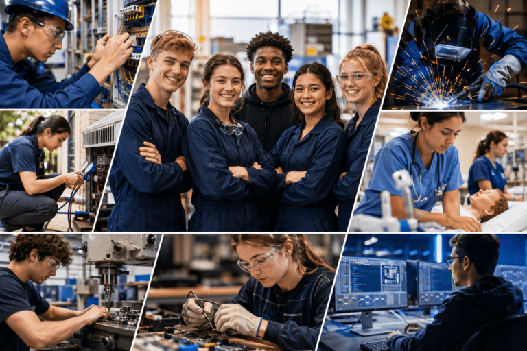 Collage of students in blue coveralls engaged in Career and Technical Education STEM activities, including engineering, programming, welding, electronics, and medical training in a modern lab environment.