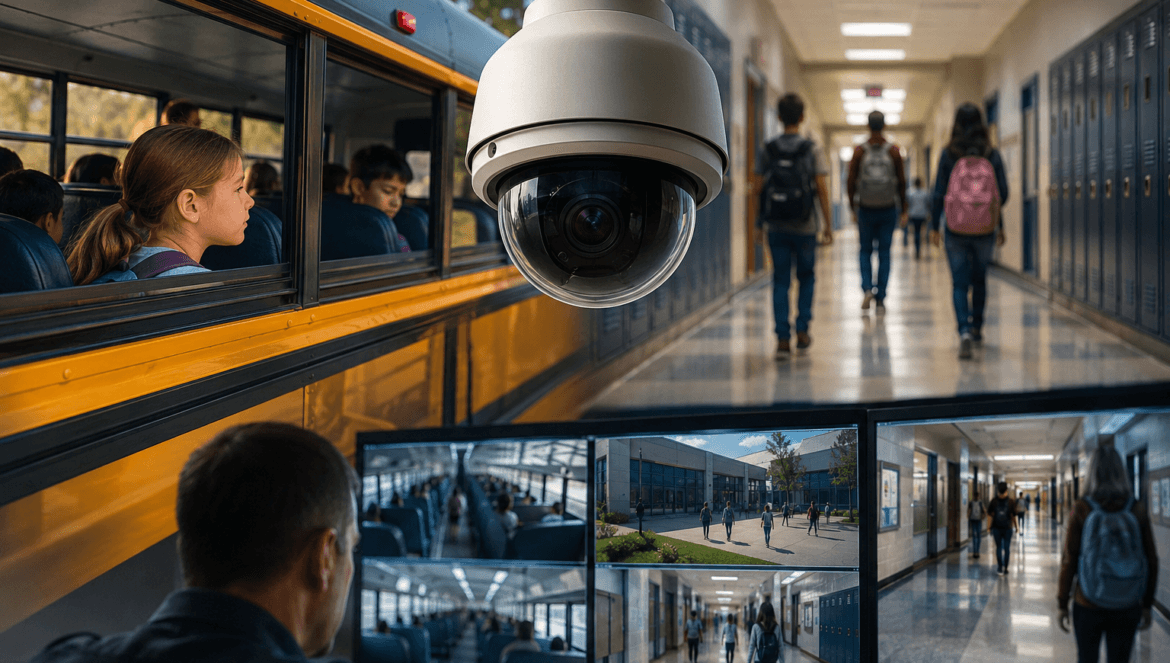 School bus cameras | edcircuit Security camera overlooking a school hallway with students wearing backpacks and blue lockers nearby bus outside visible through windows