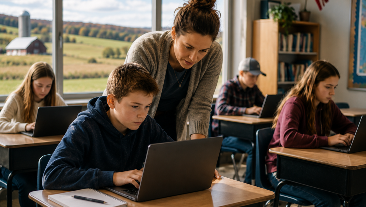 Teacher leaning over a students laptop guiding him as others work on laptops in a bright classroom with a countryside view outside the window
