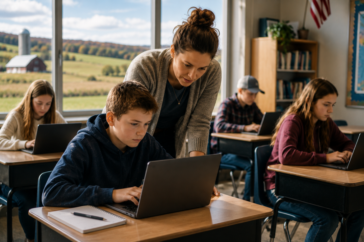 Teacher leaning over a student’s laptop, guiding him as others work on laptops in a bright classroom with a countryside view outside the window.
