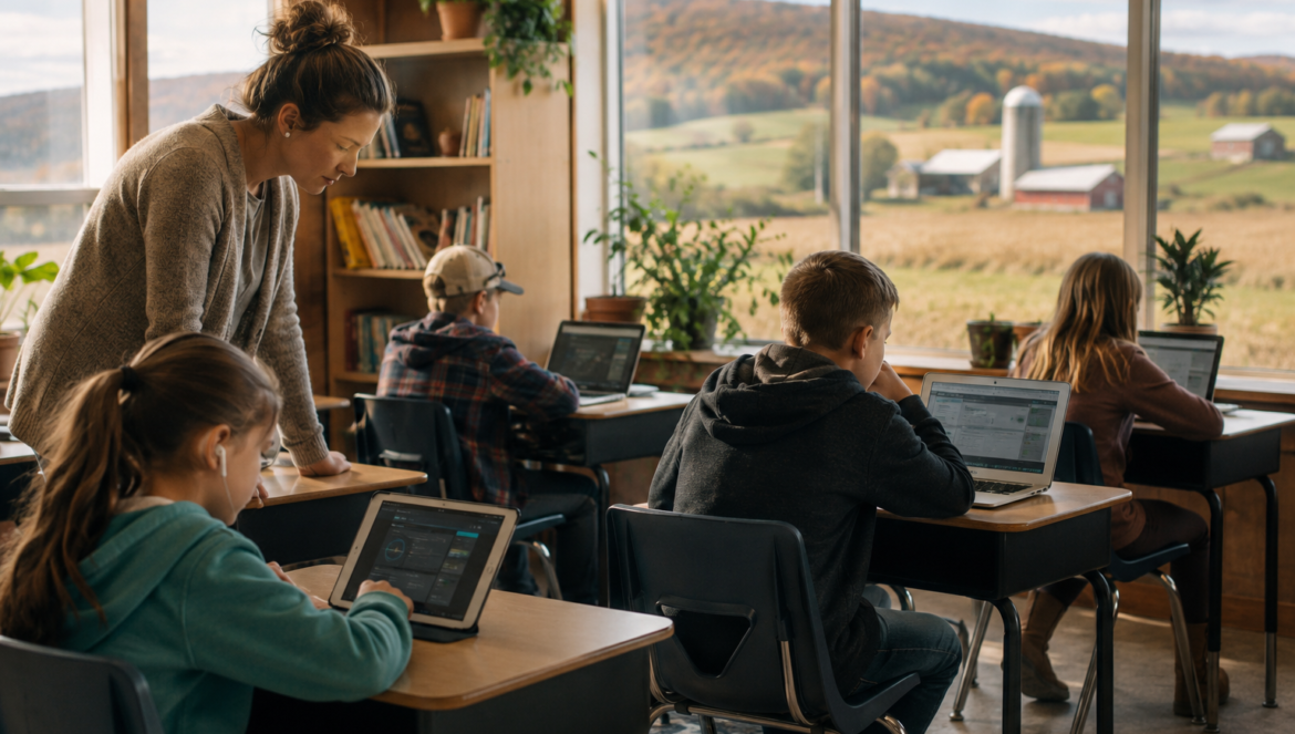 Ai in rural education | edcircuit Teacher leans over to assist students working on tablets in a bright classroom with a countryside view
