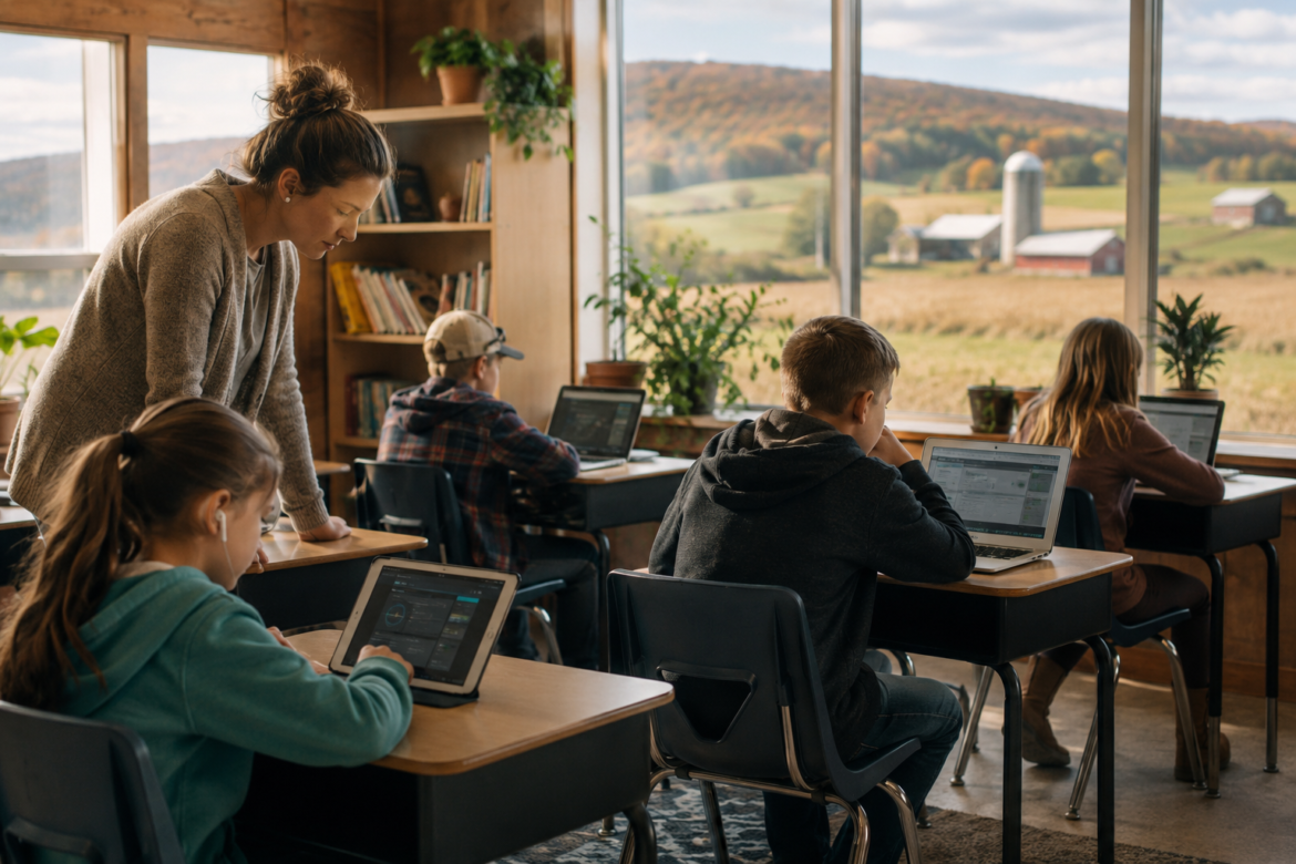 Teacher leans over to assist students working on tablets in a bright classroom with a countryside view.