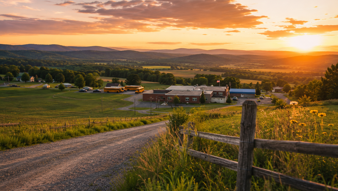 Sunset over a rural town with a gravel road and wooden fence in the foreground school buses parked by the brick buildings below