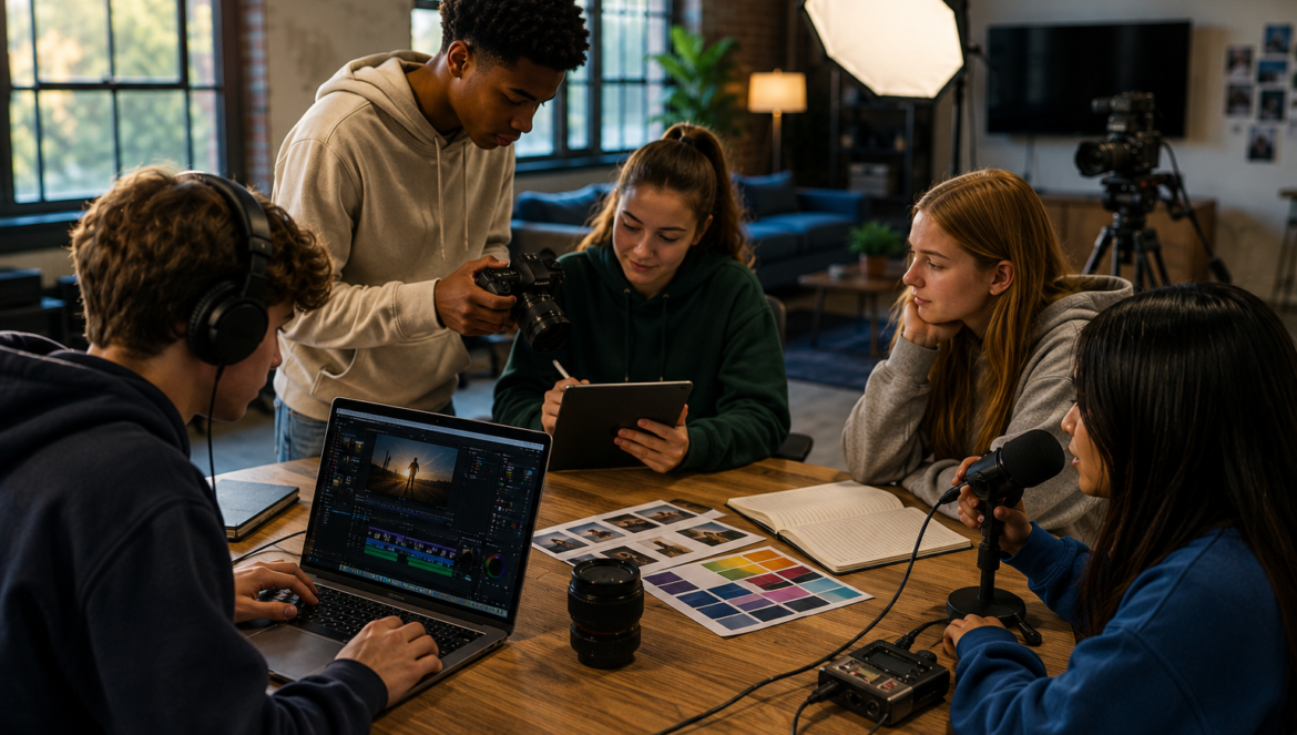 A group of four students collaborates in a cozy studio one edits on a laptop another holds a camera and two review notes and a tablet