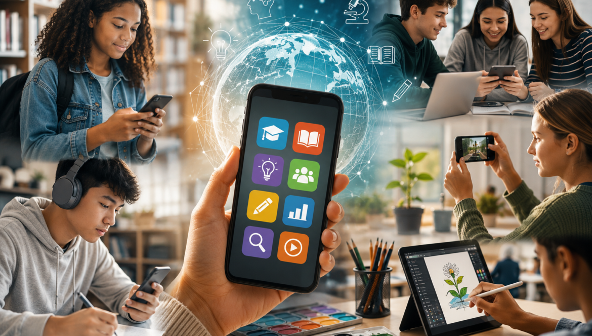 Group of students around a central smartphone displaying colorful education apps, with a glowing globe and science icons in the background.