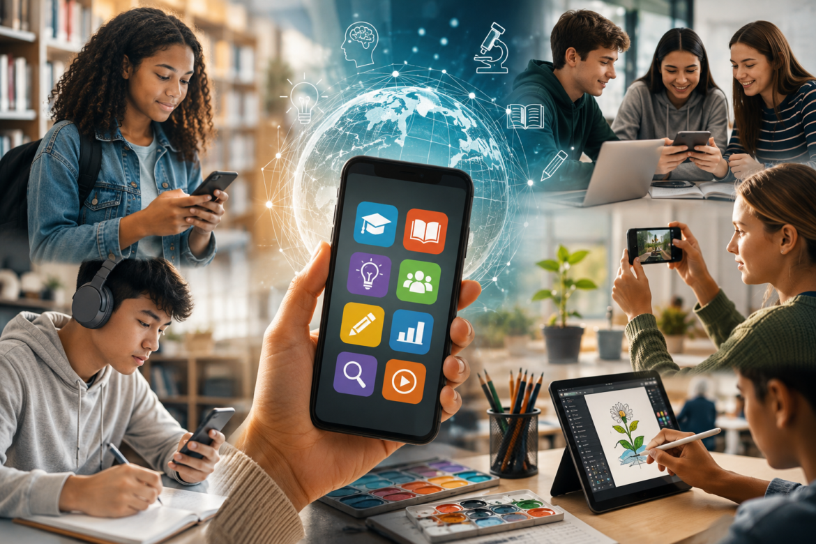 Group of students around a central smartphone displaying colorful education apps, with a glowing globe and science icons in the background.