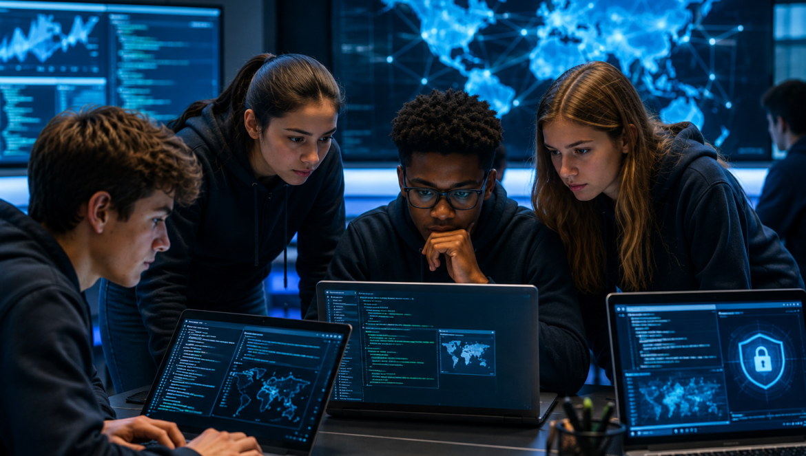 Four students gather around laptops studying code and a world map displayed on screens in a dark tech lab