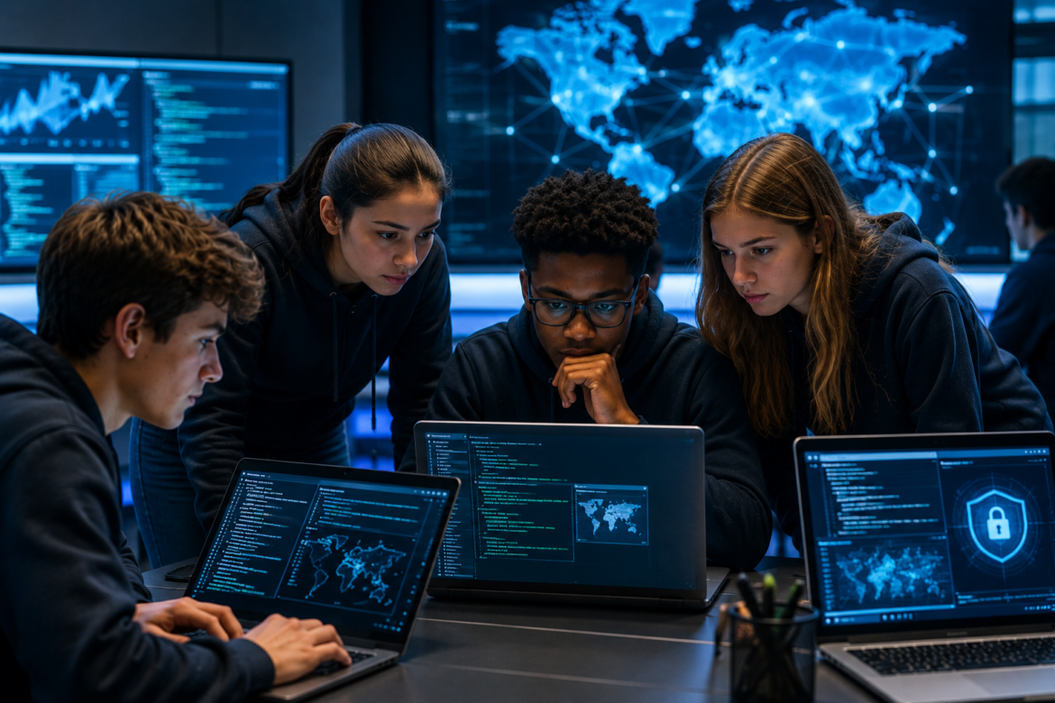 Four students gather around laptops, studying code and a world map displayed on screens in a dark tech lab.