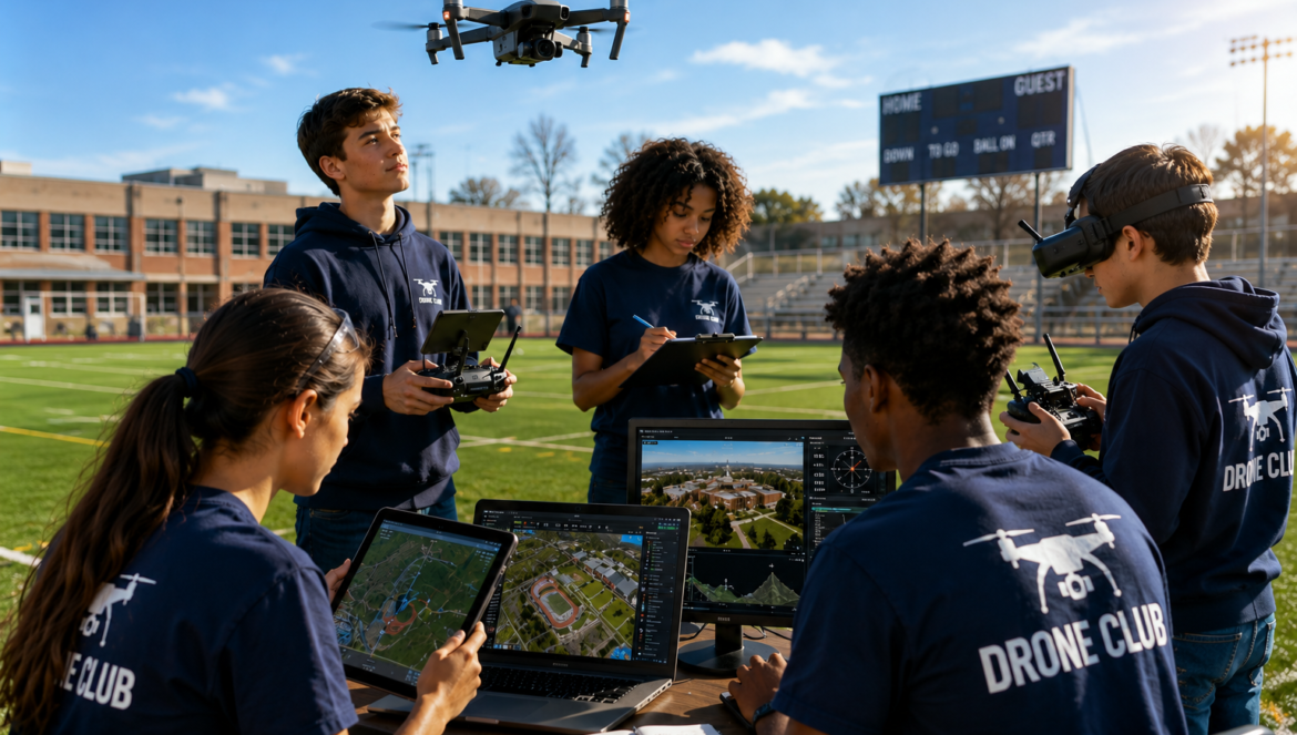 Drone | edcircuit Group of drone club students on a football field testing a quadcopter while laptops and tablets display flight data