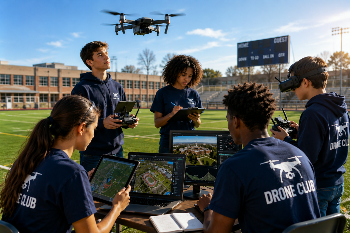 Group of drone club students on a football field testing a quadcopter while laptops and tablets display flight data.