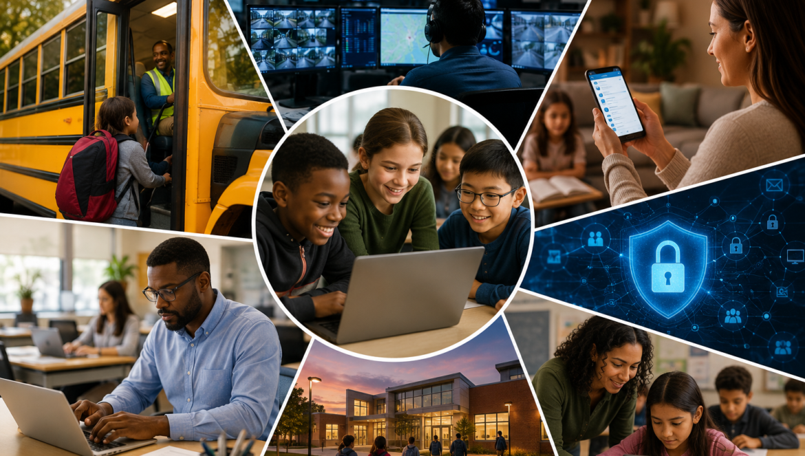 Diverse students collaboratively view a laptop screen at a round collage educational scene emphasizing technology in learning