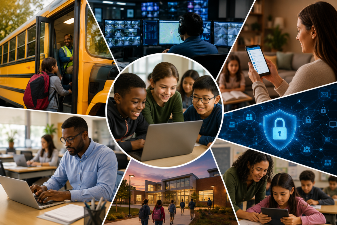 Diverse students collaboratively view a laptop screen at a round-collage educational scene, emphasizing technology in learning.