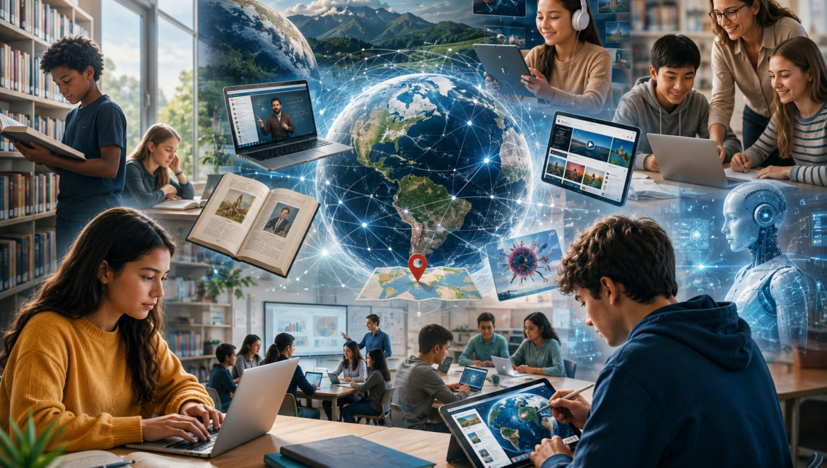 Students in a library using laptops tablets and books around a glowing globe network symbolizes global techdriven learning