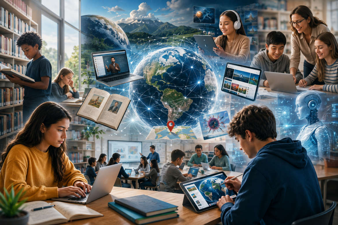 Students in a library using laptops, tablets, and books around a glowing globe network symbolizes global, tech‑driven learning.
