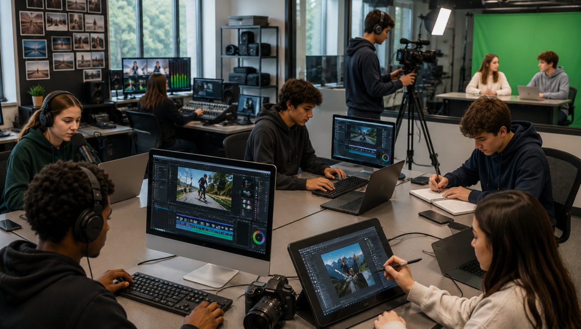 A classroom recording studio with students editing on laptops and tablets while a camera crew films a two person interview in the background
