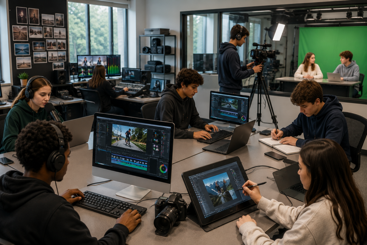 A classroom recording studio with students editing on laptops and tablets while a camera crew films a two-person interview in the background.