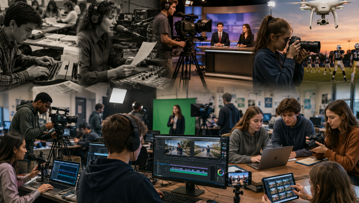 High school media programs | edcircuit Collage of student reporters and editors filming editing and broadcasting in a multi scene media studio with a drone overhead and a news desk in the background