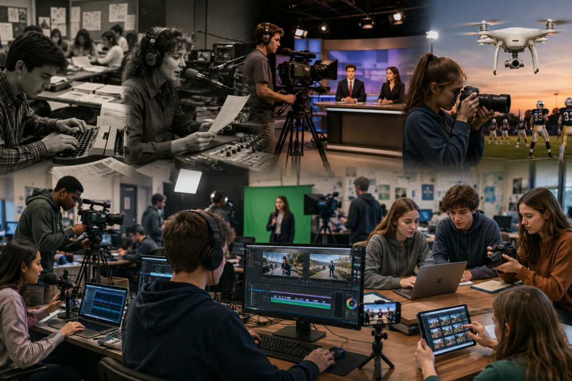 Collage of student reporters and editors filming, editing, and broadcasting in a multi-scene media studio, with a drone overhead and a news desk in the background.