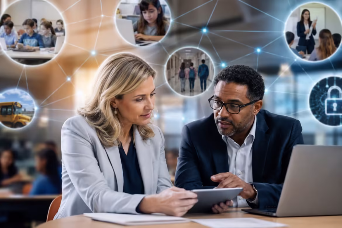 Two colleagues in business attire review a tablet at a desk, with a glowing network of circular education-themed icons behind them.